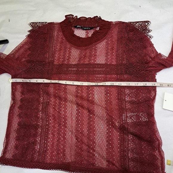 Zara‎ Burgundy Sheer Lace Top - Picture 9 of 10